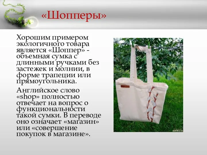«Шопперы» Хорошим примером экологичного товара является «Шоппер» - объемная сумка с длинными