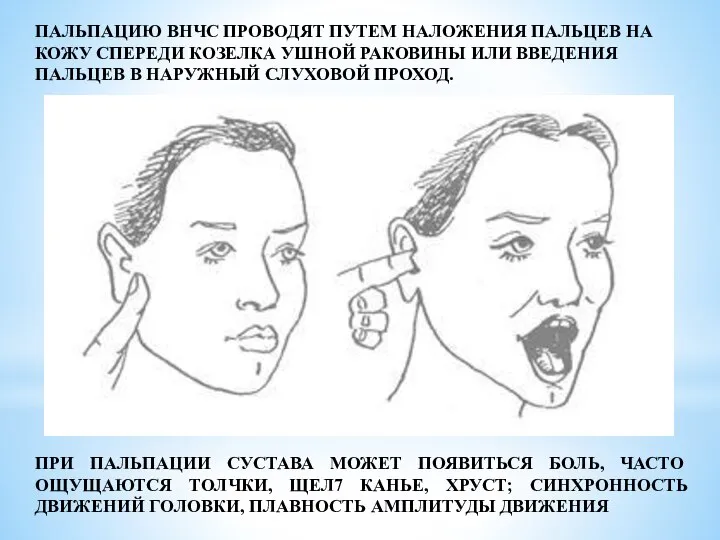 ПАЛЬПАЦИЮ ВНЧС ПРОВОДЯТ ПУТЕМ НАЛОЖЕНИЯ ПАЛЬЦЕВ НА КОЖУ СПЕРЕДИ КОЗЕЛКА УШНОЙ РАКОВИНЫ