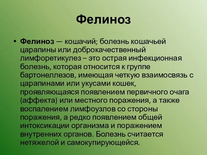 Фелиноз Фелиноз — кошачий; болезнь кошачьей царапины или доброкачественный лимфоретикулез – это