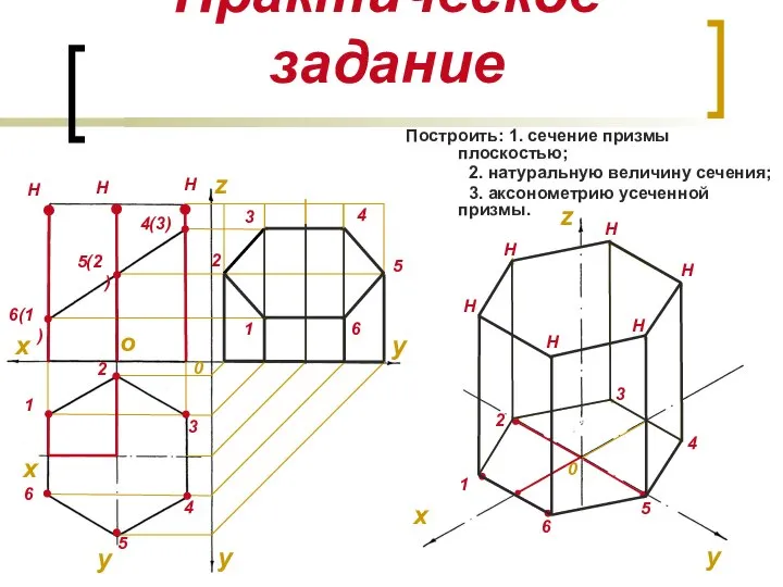 Практическое задание Построить: 1. сечение призмы плоскостью; 2. натуральную величину сечения; 3.