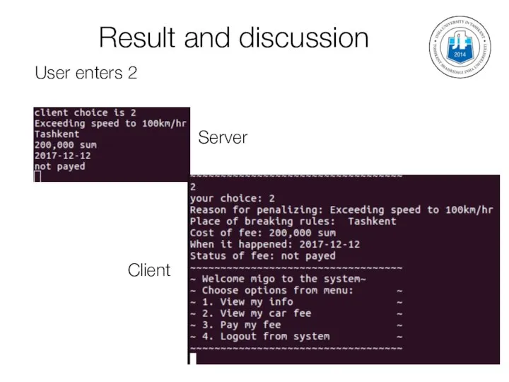 Result and discussion User enters 2 Server Client