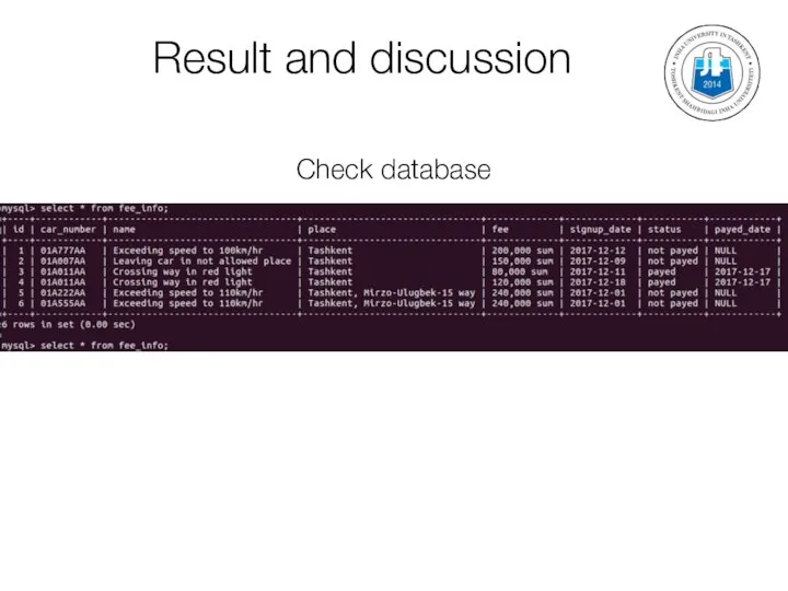 Result and discussion Check database