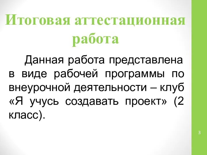 Итоговая аттестационная работа Данная работа представлена в виде рабочей программы по внеурочной