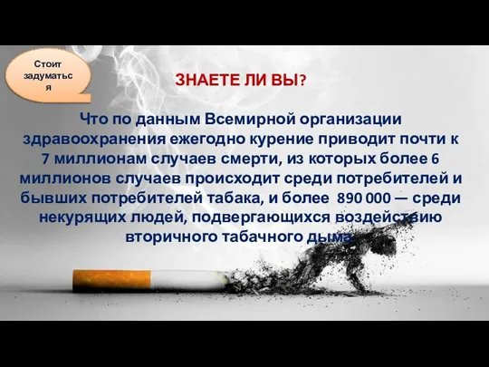ЗНАЕТЕ ЛИ ВЫ? Что по данным Всемирной организации здравоохранения ежегодно курение приводит