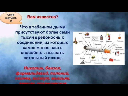 Вам известно? Что в табачном дыму присутствуют более семи тысяч вредоносных соединений,