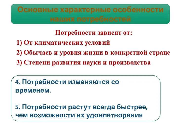 Потребности зависят от: 1) От климатических условий 2) Обычаев и уровня жизни