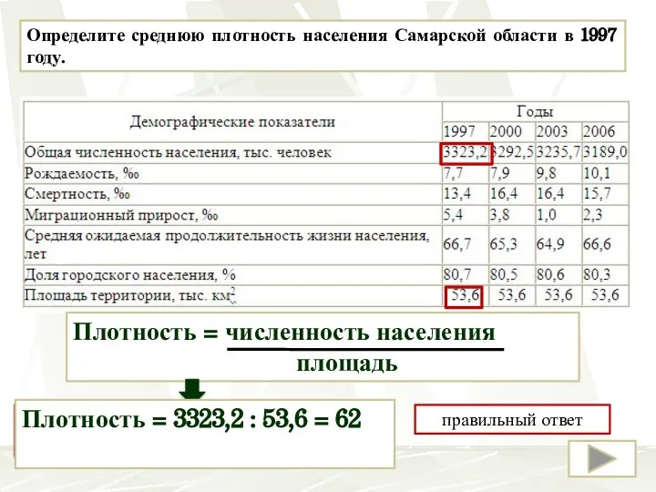 Определите среднюю плотность населения Самарской области в 1997 году. 1. Вспомните формулу