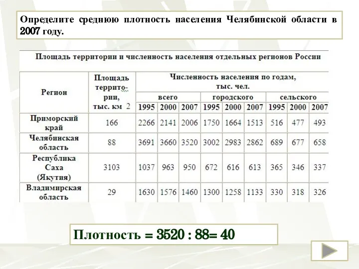 Определите среднюю плотность населения Челябинской области в 2007 году. правильный ответ Плотность