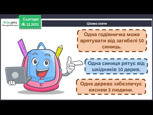 06.12.2021 Сьогодні Цікаво знати Одна годівничка може врятувати від загибелі 50 синиць.