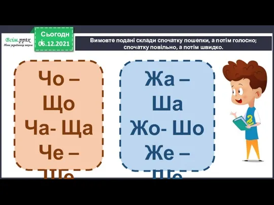 06.12.2021 Сьогодні Вимовте подані склади спочатку пошепки, а потім голосно; спочатку повільно,