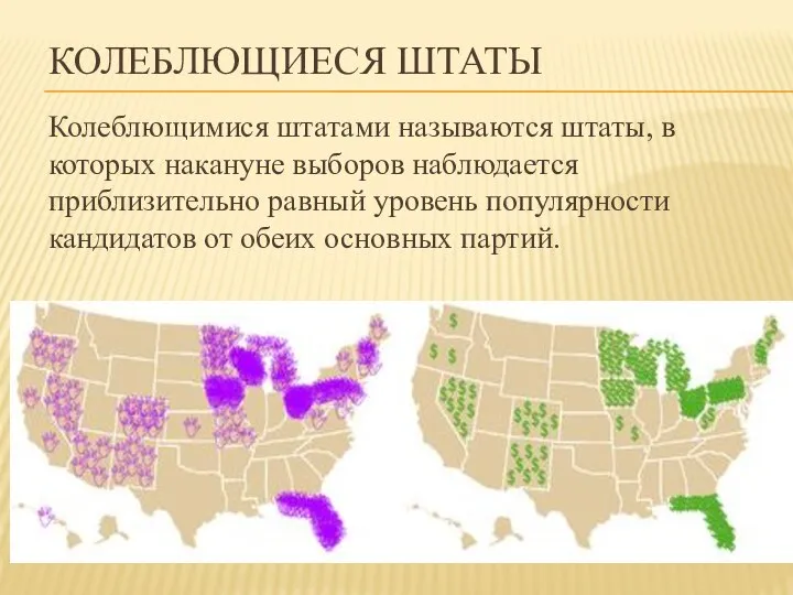 КОЛЕБЛЮЩИЕСЯ ШТАТЫ Колеблющимися штатами называются штаты, в которых накануне выборов наблюдается приблизительно
