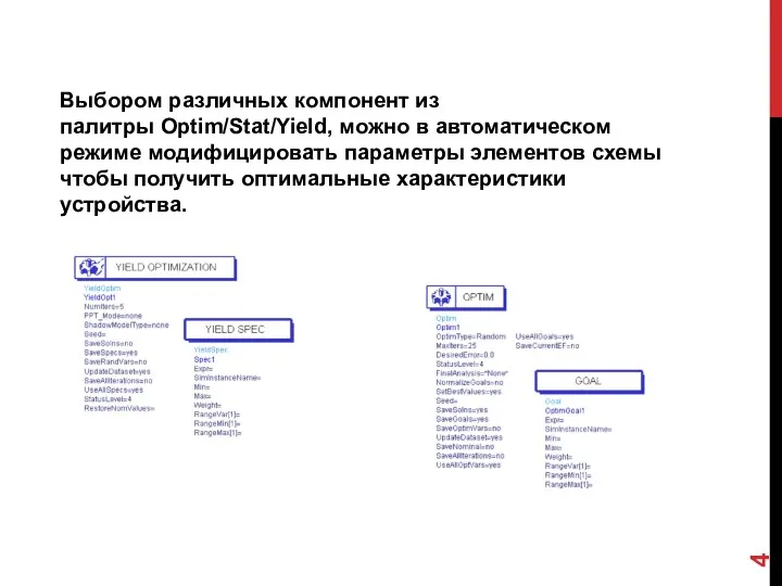 Выбором различных компонент из палитры Optim/Stat/Yield, можно в автоматическом режиме модифицировать параметры