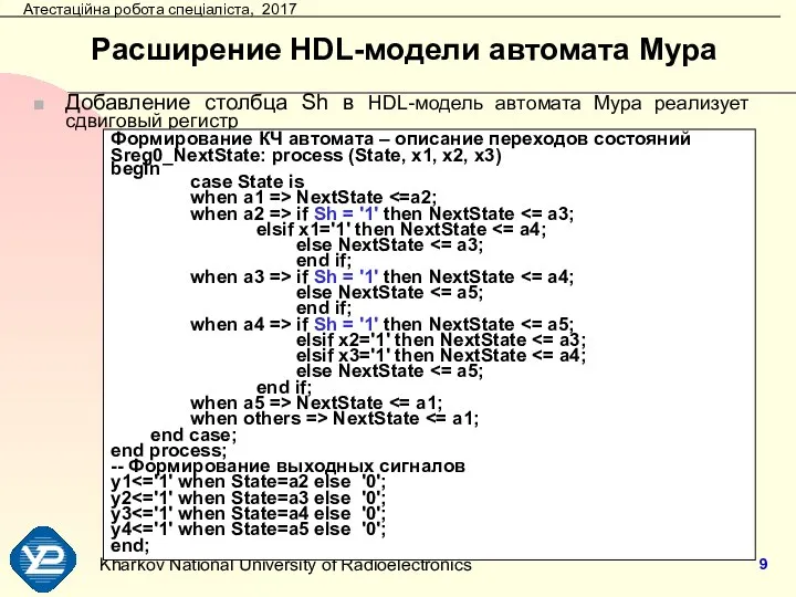 Расширение HDL-модели автомата Мура Добавление столбца Sh в HDL-модель автомата Мура реализует