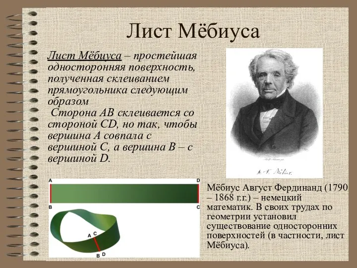 Лист Мёбиуса Мёбиус Август Фердинанд (1790 – 1868 г.г.) – немецкий математик.