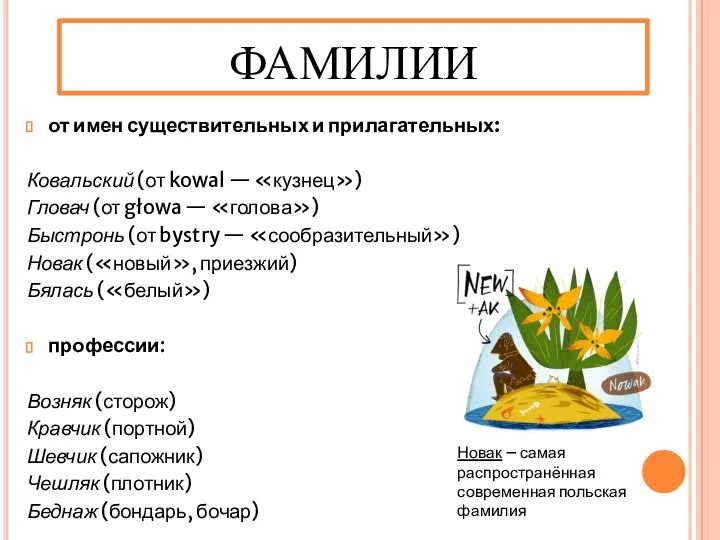 ФАМИЛИИ от имен существительных и прилагательных: Ковальский (от kowal — «кузнец») Гловач