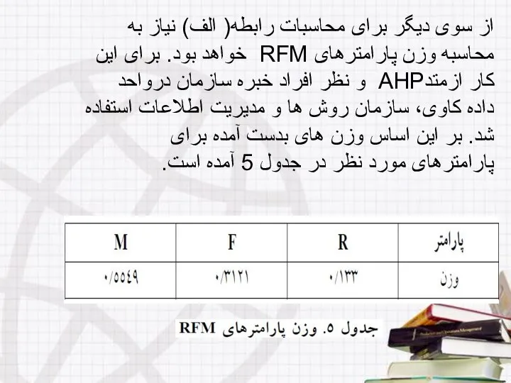 از سوی دیگر برای محاسبات رابطه( الف) نیاز به محاسبه وزن پارامترهای