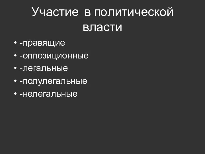 Участие в политической власти -правящие -оппозиционные -легальные -полулегальные -нелегальные