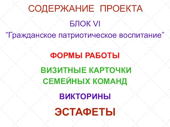 СОДЕРЖАНИЕ ПРОЕКТА БЛОК VI "Гражданское патриотическое воспитание" ФОРМЫ РАБОТЫ ВИЗИТНЫЕ КАРТОЧКИ СЕМЕЙНЫХ КОМАНД ВИКТОРИНЫ ЭСТАФЕТЫ