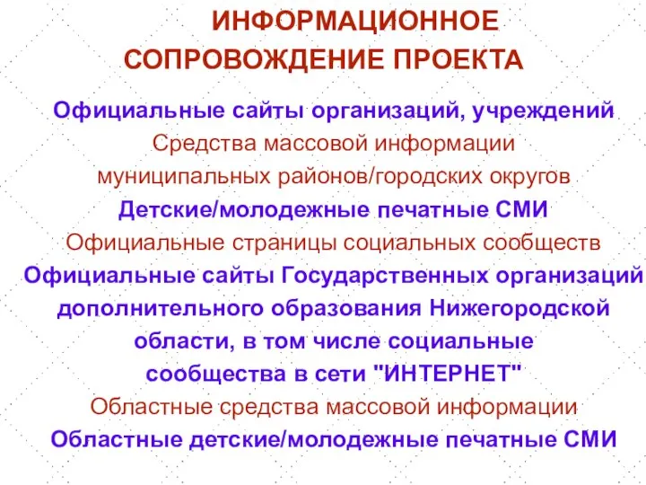 ИНФОРМАЦИОННОЕ СОПРОВОЖДЕНИЕ ПРОЕКТА Официальные сайты организаций, учреждений Средства массовой информации муниципальных районов/городских