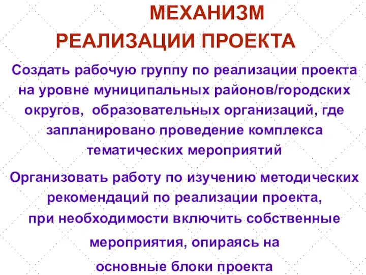 МЕХАНИЗМ РЕАЛИЗАЦИИ ПРОЕКТА Создать рабочую группу по реализации проекта на уровне муниципальных