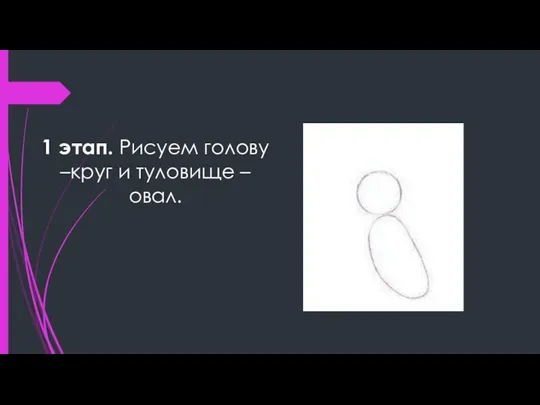 1 этап. Рисуем голову –круг и туловище – овал.