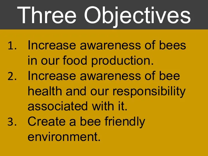 Increase awareness of bees in our food production. Increase awareness of bee