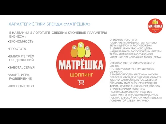 ХАРАКТЕРИСТИКИ БРЕНДА «МАТРЁШКА» ЭКОНОМНОСТЬ ПРОСТОТА ВЫБОР ИЗ ТРЁХ ПРЕДЛОЖЕНИЙ ЗАБОТА , СЕМЬЯ