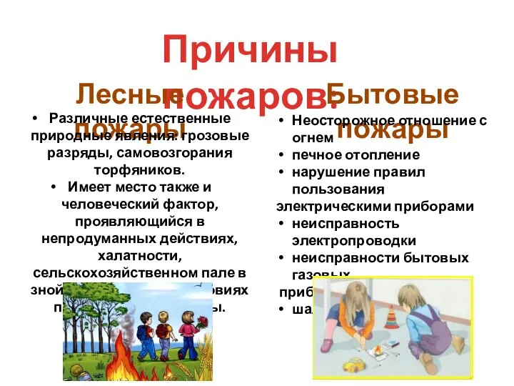 Причины пожаров: Лесные пожары Бытовые пожары Различные естественные природные явления: грозовые разряды,