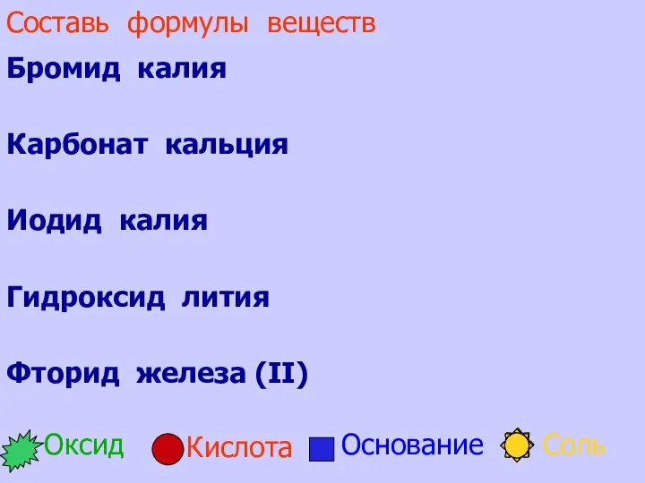 Составь формулы веществ Бромид калия Карбонат кальция Иодид калия Гидроксид лития Фторид