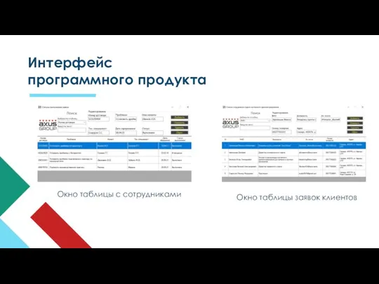 Окно таблицы с сотрудниками Интерфейс программного продукта Окно таблицы заявок клиентов