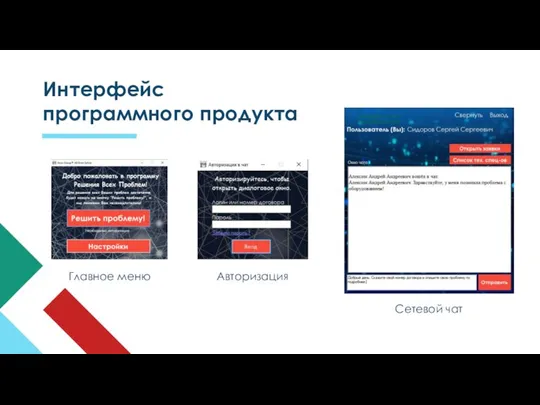 Главное меню Авторизация Интерфейс программного продукта Сетевой чат