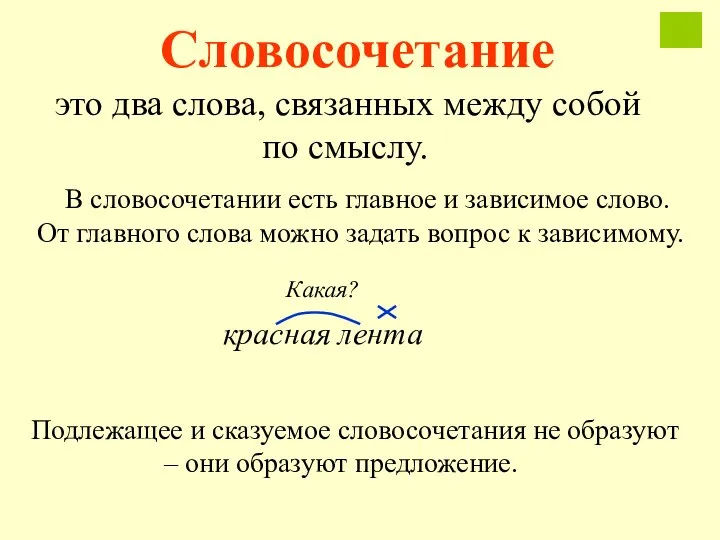 Словосочетание это два слова, связанных между собой по смыслу. В словосочетании есть