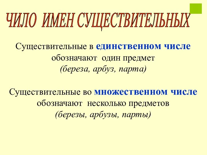 Существительные в единственном числе обозначают один предмет (береза, арбуз, парта) Существительные во