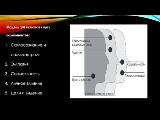 Модель ЭИ включает пять компонентов: Самосознание и самоконтроль Эмпатия Социальность Личное влияние Цели и видение
