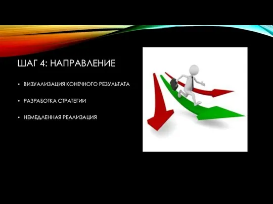 ШАГ 4: НАПРАВЛЕНИЕ ВИЗУАЛИЗАЦИЯ КОНЕЧНОГО РЕЗУЛЬТАТА РАЗРАБОТКА СТРАТЕГИИ НЕМЕДЛЕННАЯ РЕАЛИЗАЦИЯ