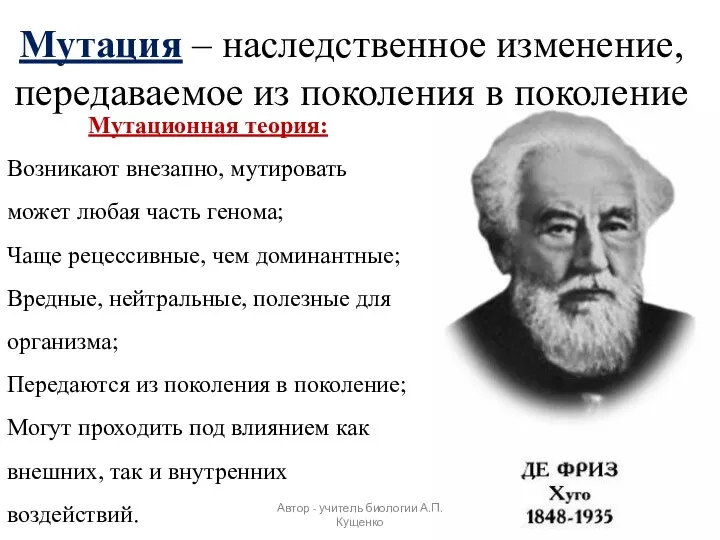 Мутация – наследственное изменение, передаваемое из поколения в поколение Мутационная теория: Возникают