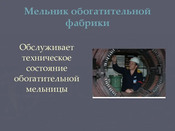 Мельник обогатительной фабрики Обслуживает техническое состояние обогатительной мельницы