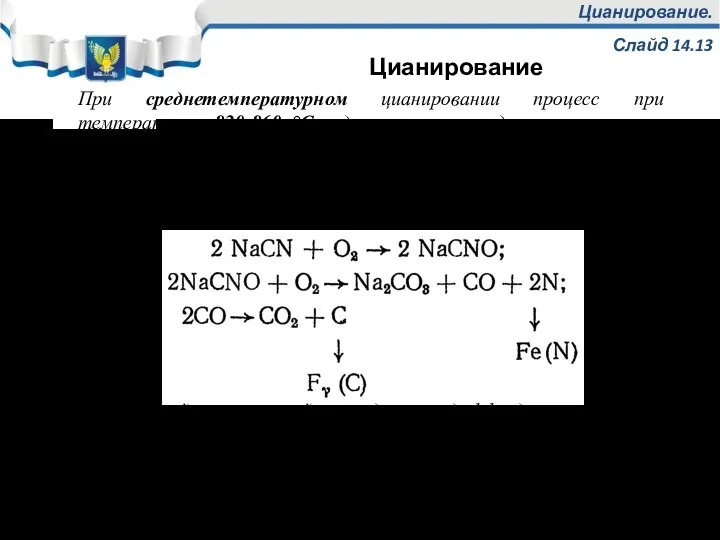 Цианирование. Слайд 14.13 При среднетемпературном цианировании процесс при температурах 820-860 °С ведут