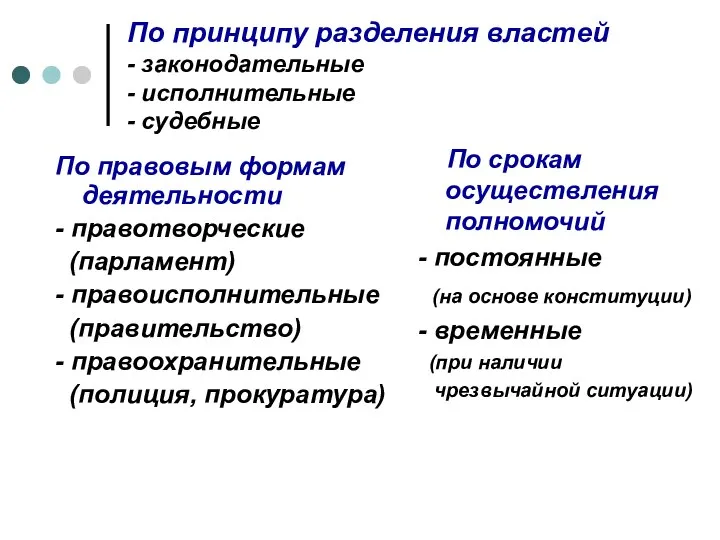 По принципу разделения властей - законодательные - исполнительные - судебные По правовым