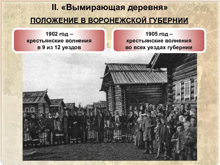 II. «Вымирающая деревня» ПОЛОЖЕНИЕ В ВОРОНЕЖСКОЙ ГУБЕРНИИ 1902 год – крестьянские волнения