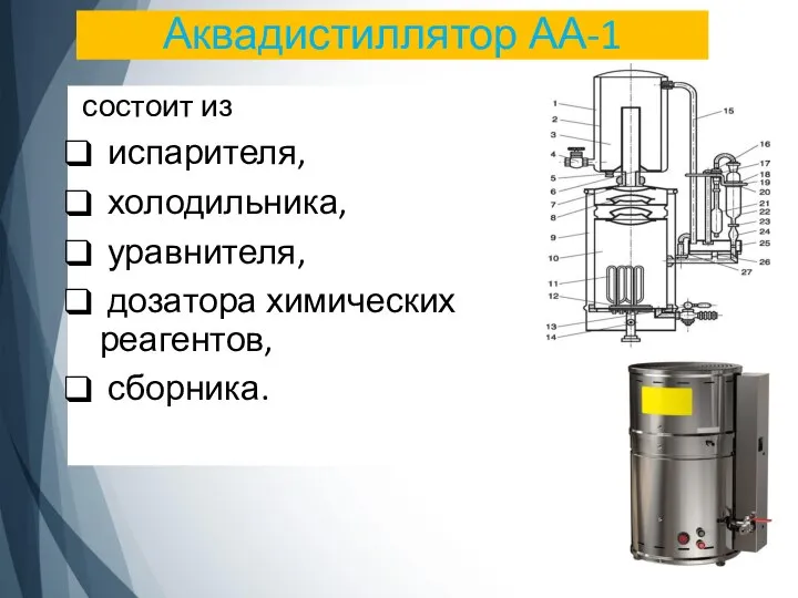 Аквадистиллятор АА-1 состоит из испарителя, холодильника, уравнителя, дозатора химических реагентов, сборника.
