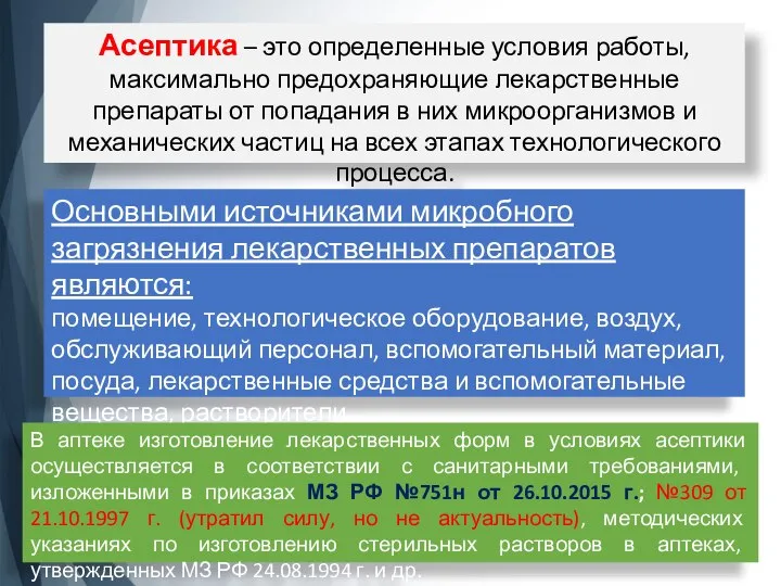 Асептика – это определенные условия работы, максимально предохраняющие лекарственные препараты от попадания