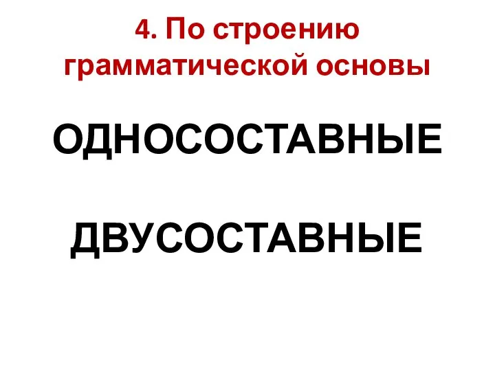 4. По строению грамматической основы ОДНОСОСТАВНЫЕ ДВУСОСТАВНЫЕ