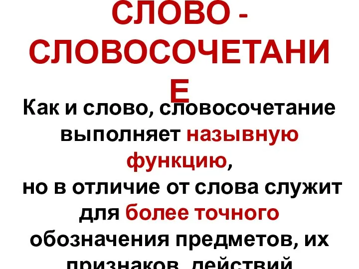 СЛОВО - СЛОВОСОЧЕТАНИЕ Как и слово, словосочетание выполняет назывную функцию, но в