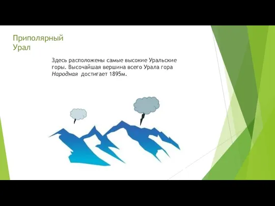 Приполярный Урал Здесь расположены самые высокие Уральские горы. Высочайшая вершина всего Урала гора Народная достигает 1895м.