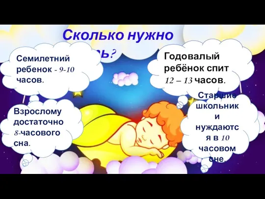 Сколько нужно спать? Годовалый ребёнок спит 12 – 13 часов. Семилетний ребенок