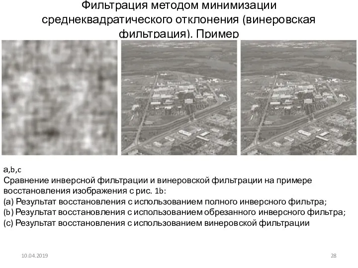 Фильтрация методом минимизации среднеквадратического отклонения (винеровская фильтрация). Пример 10.04.2019 а,b,c Сравнение инверсной