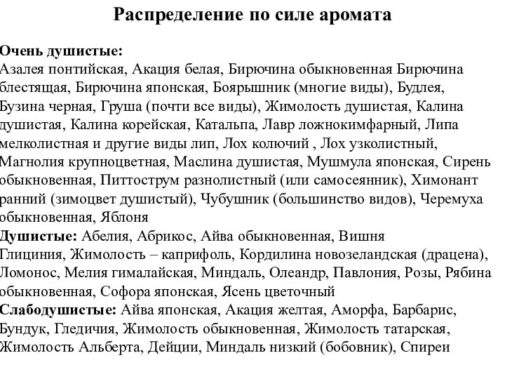 Распределение по силе аромата Очень душистые: Азалея понтийская, Акация белая, Бирючина обыкновенная