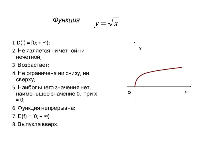 Функция 1. D(f) = [0; + ∞); 2. Не является ни четной