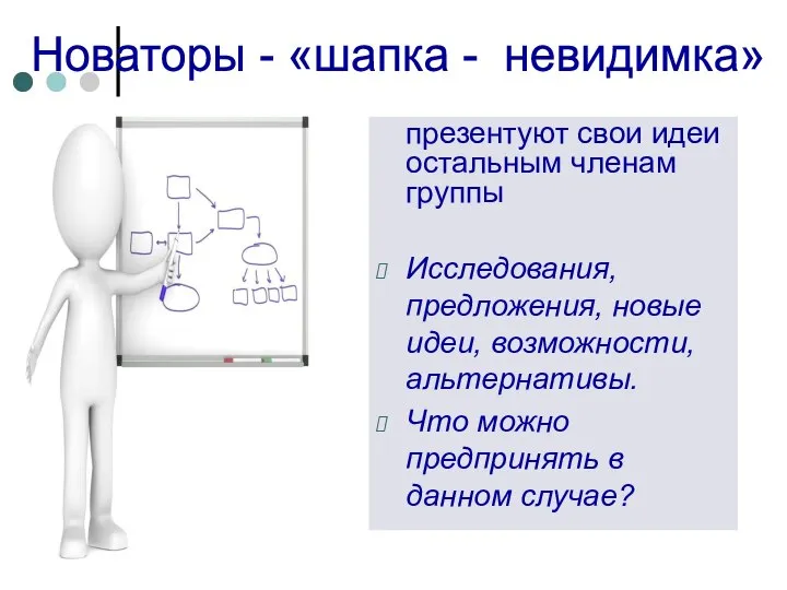 презентуют свои идеи остальным членам группы Исследования, предложения, новые идеи, возможности, альтернативы.